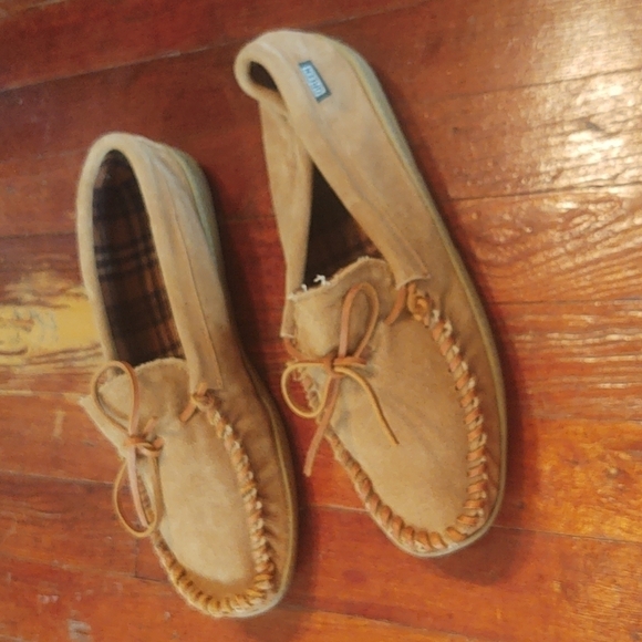 Green Flannel Lined Tan Moccasins Sz 12 - Picture 3 of 6